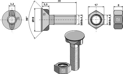 Pflugschraube DIN 11014 mit Sechskantmutter