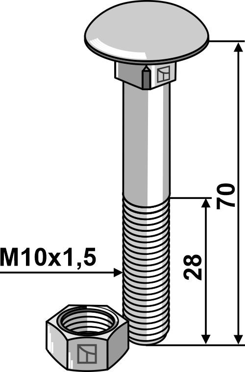 Flachrundschraube M10x1,5x70 verzinkt mit Mutter