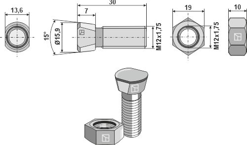 Scharschraube M12x1,75x30 mit Sechskantmutter geeignet für: Frost