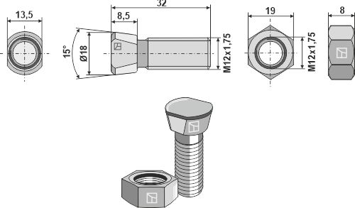 Scharschraube M12x1,75x32 mit Sechskantmutter geeignet für: Niemeyer