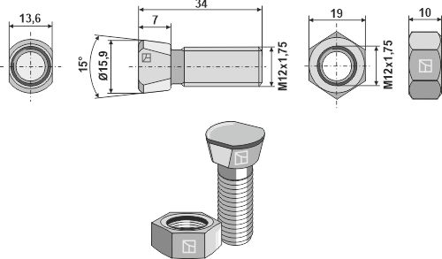 Scharschraube M12x1,75x34 mit Sechskantmutter geeignet für: Kverneland