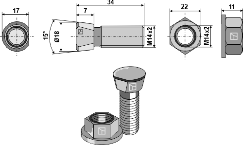 Scharschraube M14x2x34 mit Bundmutter geeignet für: Kverneland