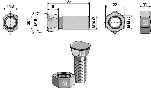 Scharschraube M14x2x36 mit Sechskantmutter geeignet für: Vogel u. Noot Scharschrauben M14x2