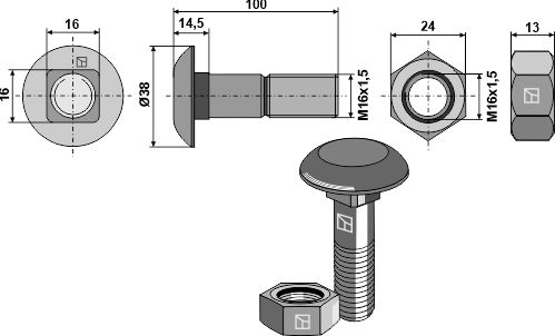 Körperschraube M16 x 1,5 x 100 und Sechskantmutter