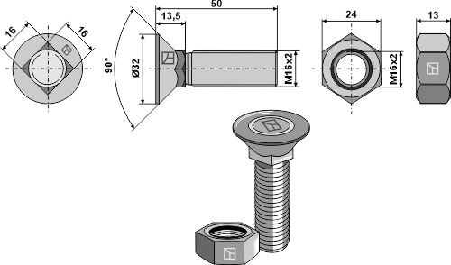 Tornillo de arado DIN608 M16x2x50 con tuerca hexagonal