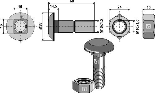 Körperschraube M16 x 1,5 x 60 und Sechskantmutter