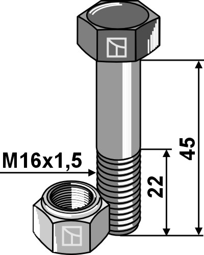 Schraube mit Sicherungsmutter - M16x1,5x45 - 12.9