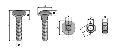 Schraube mit ovalem Kopf, Vierkantansatz und Sechskantmutter - M10 - 12.9