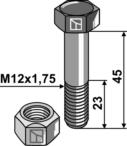 Schraube mit Sicherungsmutter - M12x1,75 - 10.9 geeignet für: Carroy et Giraudon