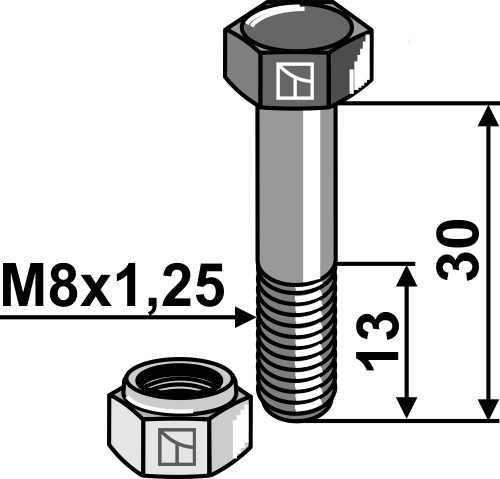Schraube mit Sicherungsmutter - M8x1,25 - 10.9 geeignet für: Mulag