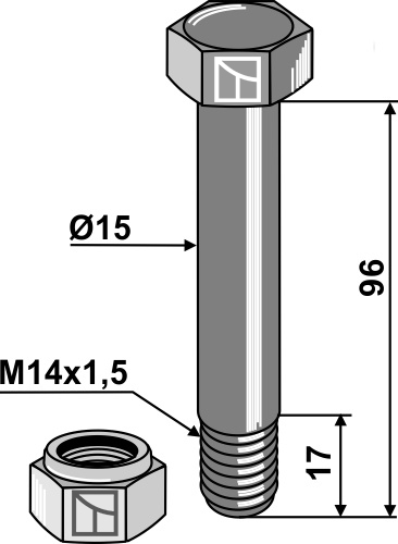 Schraube mit Sicherungsmutter - M14x1,5 - 10.9 geeignet für: Bomford