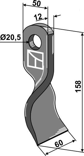 Gedrehtes-Messer 158x50mm geeignet für: Hymach Y-böades, straight lades, mower-blades, flails, pruning hammers 