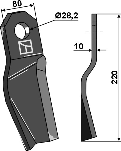 Mulchmesser, linke Ausführung geeignet für: Röll Y-knive, bio knive, slagle, skær (skeformet)