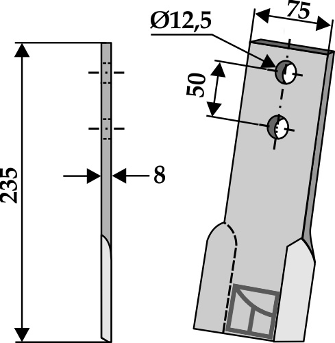 Schlegelmesser, links geeignet für: Perfect Marteaux broyeurs, marteaux broyeurs PTA, fléaux, couteaux coudés, couteaux équerre, 