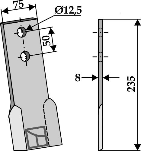 Schlegelmesser, rechts geeignet für: Perfect Marteaux broyeurs, marteaux broyeurs PTA, fléaux, couteaux coudés, couteaux équerre, 