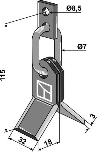 Y-Messer mit Kettenglied und Befestigungslasche geeignet für: Tornedo Y-knive, Y- knive med kædeled og holder