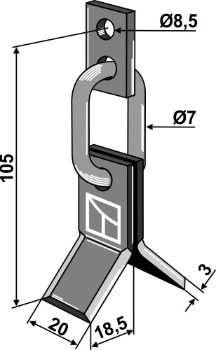 Y-Messer mit Kettenglied und Befestigungslasche geeignet für: Carroy et Giraudon Cuchillas Y,  Cuchilla-Y con chapa de montaje, martillos 