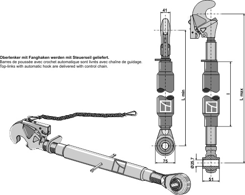 Oberlenker mit Fanghaken und Spindel M30x3,5