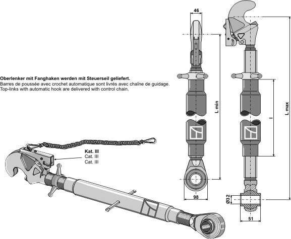 Oberlenker mit Fanghaken und Spindel M36x3