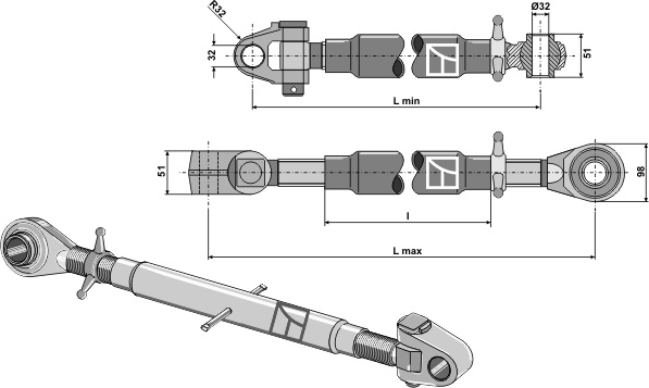 Oberlenker mit gehärteten Kugelaugen und Gelenkkopf M36x3