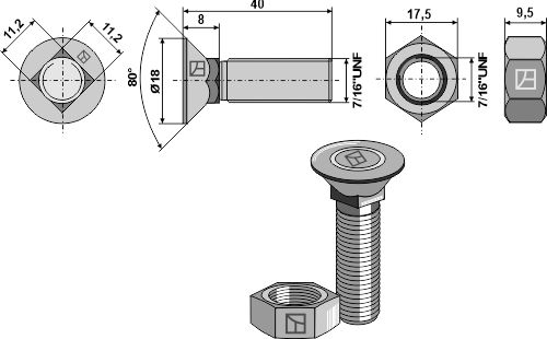 Plough bolts with UNF thread - 10.9 with hexagon nuts
