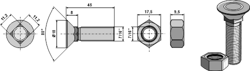 Plough bolts with UNF thread - 10.9 with hexagon nuts