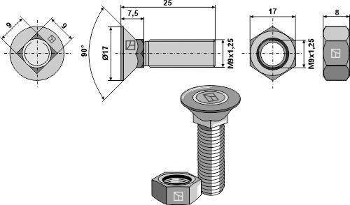 Pflugschraube DIN608 M9x1,25x25 und Sechskantmutter