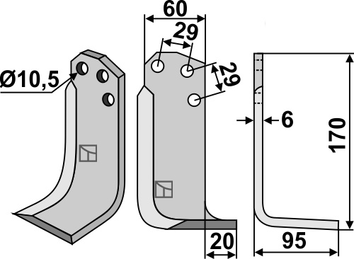 Fräsmesser 170x60mm, rechts geeignet für: Agria blade and rotary tine