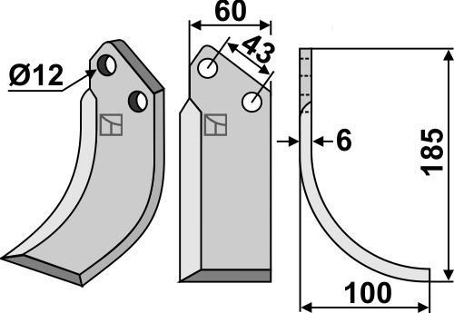 Fräsmesser 185x60mm, rechts geeignet für: Agria blade and rotary tine