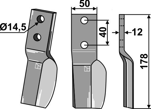 Rotorzinken 178x50mm, rechts geeignet für: Badalini fræserkniv og rotortænder