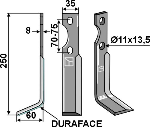 Rotary tine DURAFACE 250x35mm, left geeignet für: Simon rotary tines