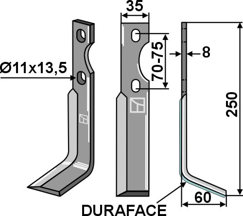 Rotary tine DURAFACE 250x35mm, right geeignet für: Simon rotary tines