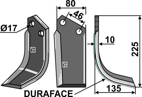 Fräsmesser DURAFACE 225x80mm, rechts geeignet für: Reekie nóż glebogryzark