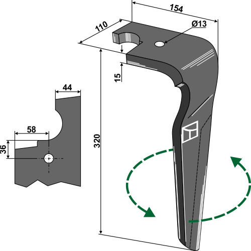 Kreiseleggenzinken, linke Ausführung geeignet für: Feraboli faca para grade de bicos rotativa