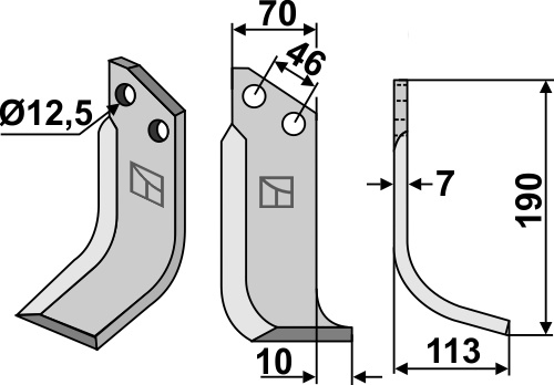 Fräsmesser 190x70mm, rechts geeignet für: Muratori cuchilla y cuchilla de rotavator