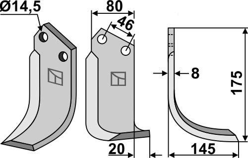 Fräsmesser 175x80mm, rechts geeignet für: Sovema nóż glebogryzark